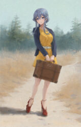 Rule 34 | 1girl, blue eyes, blue hair, blue jacket, blue sky, commentary request, day, dress, forest, full body, gotland (kancolle), hair between eyes, hair bun, haruto (harut n), jacket, kantai collection, long hair, looking at viewer, mole, mole under eye, nature, outdoors, red shoes, shoes, sidelocks, single hair bun, sky, solo, suitcase, yellow dress