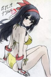 1girl arm_support ass bikini blue_eyes blue_hair blush breasts character_name fingerless_gloves from_behind gloves hair_ribbon highres japanese_text large_breasts legs looking_at_viewer looking_back nakoruru pink_lips ribbon samurai_spirits side-tie_bikini_bottom sideboob sitting smile snk solo swimsuit the_king_of_fighters thighs traditional_media translated yellow_bikini