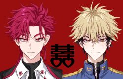 2boys black_hair black_jacket black_shirt blonde_hair blue_jacket braid braided_ponytail chinese_knot chinese_text closed_mouth collared_jacket collared_shirt earrings eyeshadow hair_between_eyes heart high_collar highres jacket jacket_on_shoulders jewelry long_hair looking_at_viewer makeup male_focus multicolored_hair multiple_boys portrait red_background red_eyes red_eyeshadow red_hair shiguang_dailiren shirt short_hair simple_background single_braid single_earring smile tassel tassel_earrings turtleneck two-tone_hair upper_body white_shirt xia_fei xiao_weiying yaoi yellow_eyes yuxianchen zipper