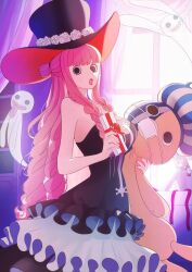 1girl artist_request black_eyes black_hat blunt_bangs breasts check_artist crown dress drill_hair ghost gift happy_birthday hat holding holding_gift kumacy long_hair looking_at_viewer official_art one_piece open_mouth perona pink_hair sleeveless sleeveless_dress twintails
