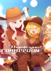 1boy 1girl absurdres arms_up belt blonde_hair blue_sky blush breasts brown_belt chaps closed_eyes commission cowboy_hat cowboy_western desert don_quixote_(project_moon) hand_on_another&#039;s_head hand_on_own_hip hat highres la_manchaland&#039;s_don_quixote_(project_moon) large_breasts long_hair long_sleeves looking_at_another open_mouth pixiv_commission pmchell_04 red_scarf scarf shirt short_hair shorts sky smile wavy_hair white_hair yellow_scarf