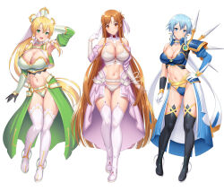 3girls armor armpits asuna_(sao) asuna_(stacia)_(sao) bikini bikini_armor blonde_hair blue_armor blue_eyes blue_hair boots braid breasts brown_eyes brown_hair cleavage collarbone commentary_request full_body gloves gluteal_fold green_eyes half_gloves half_up_braid highleg highleg_bikini highres hip_armor huge_breasts kawase_seiki large_breasts leafa_(sao) leafa_(terraria)_(sao) long_hair looking_at_viewer multiple_girls navel open_mouth revision ribbon short_hair_with_long_locks showgirl_skirt simple_background single_shoulder_pad sinon sinon_(solus) smile stomach swimsuit sword_art_online sword_art_online:_alicization sword_art_online:_alicization_-_war_of_underworld thigh_boots thigh_gap thighhighs thighs very_long_hair waist_cape white_armor white_background white_gloves white_ribbon white_thighhighs