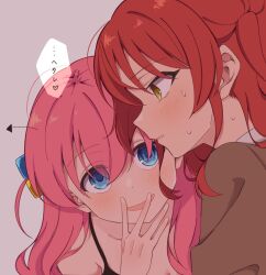 2girls alternate_costume black_shirt blue_eyes blush bocchi_the_rock! brown_shirt commentary_request cube_hair_ornament gotoh_hitori grimace hair_between_eyes hair_ornament hand_to_own_mouth highres kita_ikuyo long_bangs long_hair long_sidelocks looking_ahead looking_at_another multiple_girls nukazuke_(kzhto) open_mouth parted_lips pink_hair red_hair shirt sidelocks sleeveless sleeveless_shirt smile spaghetti_strap speech_bubble sweat translation_request upper_body yellow_eyes yuri