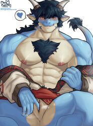 1boy abs animal_ears another_eidos-r artist_name bara blush chest_hair cloaca commentary dragon_boy dragon_ears dragon_horns dragon_tail english_commentary fingering folker_(another_eidos) furry furry_male heart highres horns jcxraf male_focus muscular muscular_male nipples pectorals smile speech_bubble spoken_heart tail undressing white_background
