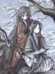 Rule 34 | 2boys, absurdly long hair, absurdres, aged down, bandaged arm, bandaged hand, bandaged neck, bandages, black hair, black hanfu, book, branch, brown hair, cherry blossoms, chinese clothes, chinese commentary, closed mouth, coat, cocito, dao gui yi xian, flower, grey eyes, grey hanfu, hair between eyes, hair bun, hair flower, hair ornament, hair ribbon, hand on another&#039;s head, hand on another&#039;s shoulder, hanfu, highres, holding, holding book, in tree, ji zai, li huowang, long hair, long sleeves, looking at another, low-tied sidelocks, male focus, messy, multiple boys, official alternate hair length, official alternate hairstyle, outdoors, red coat, red eyes, red ribbon, ribbon, sidelocks, single hair bun, sitting, sitting in tree, smile, tree, very long hair, water, white flower, wide sleeves, yaoi, zhuge yuan