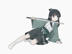 1girl :&lt; black_hair black_shorts blush closed_mouth full_body grey_background grey_eyes highres holding holding_sword holding_weapon japanese_clothes kimono long_hair long_sleeves no_shoes obi open_clothes original pantyhose sash shiro_piazi shorts simple_background sleeves_past_wrists solo sword weapon white_kimono white_pantyhose wide_sleeves