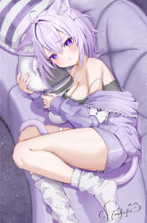 1girl ahoge animal_ear_fluff animal_ears breasts camisole cat_ears cat_girl cat_tail cleavage commentary_request couch crossed_bangs double-parted_bangs grey_camisole hair_between_eyes highres hololive jacket large_breasts looking_at_viewer lying nekomata_okayu nekomata_okayu_(membership) no_shoes official_alternate_costume official_alternate_hairstyle on_couch on_side onigirya_(nekomata_okayu) pout purple_eyes purple_hair purple_jacket purple_shorts ribbed_socks short_hair short_shorts shorts socks solo tail torakichi_888 two_side_up virtual_youtuber white_socks