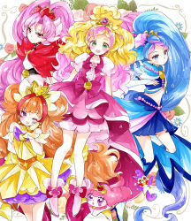 4girls ;d akagi_towa amanogawa_kirara aroma_(go!_princess_precure) bad_id bad_pixiv_id bird blonde_hair blue_eyes blue_hair blue_skirt bow brown_hair crop_top cure_flora cure_mermaid cure_scarlet cure_twinkle dog earrings floral_background full_body gloves go!_princess_precure green_eyes haruno_haruka highres jewelry kaidou_minami long_hair magical_girl multicolored_hair multiple_girls one_eye_closed open_mouth pink_bow pink_eyes pink_hair pink_skirt precure puff_(go!_princess_precure) purple_eyes purple_hair quad_tails red_hair shoes skirt smile streaked_hair tsukiyo_(skymint) two-tone_hair waist_bow yellow_skirt