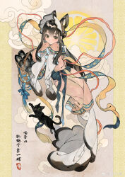 1girl absurdres animal_ears basket black_cat black_eyes black_hair blue_ribbon bonnet cat chinese_commentary chinese_text closed_mouth cloud commentary_request dress full_body hagoromo harrymiao highres holding holding_basket jumping long_dress long_hair long_sleeves looking_at_viewer mussel original ribbon sash shawl sidelocks sleeves_past_fingers sleeves_past_wrists smile solo translation_request