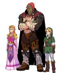 1girl 2boys blonde_hair boots cape dark-skinned_male dark_skin dress elbow_gloves ganondorf gloves green_tunic highres link multiple_boys nintendo pink_dress pink_gloves pointy_ears princess_zelda red_hair redlhzz simple_background tall_male the_legend_of_zelda the_legend_of_zelda:_ocarina_of_time thick_eyebrows triforce_print tunic variant_set