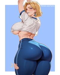 1girl absurdres arms_up ass blonde_hair blue_background blue_eyes blue_lips blue_pants breasts cetta_(cettadvd) crop_top earrings emma_frost from_behind highres huge_ass jewelry large_breasts looking_back marvel marvel_rivals pants short_hair simple_background solo sportswear thick_thighs thighs torn_clothes torn_pants wardrobe_malfunction wide_hips x-men yoga_pants