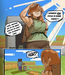 1boy 1girl alex_(minecraft) alohapz arm_up armpits artist_name backpack bag bandaged_fingers bandages block_(minecraft) blue_sky boat body_freckles cloud creeper end_rod english_text fence freckles grass green_shirt hair_over_one_eye highres meme minecraft minecraft_sheep_fucker_(meme) orange_hair outdoors piston shirt sky sleeveless sleeveless_shirt steve_(minecraft) sun sunlight sweat thick_eyebrows toned toned_female watercraft