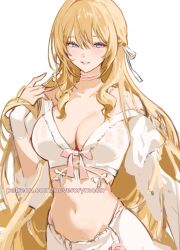 1girl bare_shoulders blonde_hair blue_eyes crop_top genshin_impact grin highres juliet_sleeves long_hair long_sleeves looking_at_viewer midriff navel navia_(genshin_impact) nevercrymoon off_shoulder puffy_sleeves shirt simple_background smile solo stomach very_long_hair white_background white_shirt