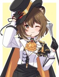 1girl ;) animal_ear_fluff animal_ears ascot black_gloves black_hat blush breasts brown_eyes card collared_shirt commentary cyon_hart english_commentary epaulettes gloves hat heart highres holding one_eye_closed orange_ascot outline pamera playing_card raccoon_ears red_brooch second-party_source shirt smile solo top_hat v&amp;u_entertainment virtual_youtuber white_outline white_shirt