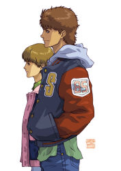 1980s_(style) 1boy 1girl blonde_hair brown_hair commentary_request hands_in_pockets highres kotobuki_tsukasa lips megazone_23 oldschool retro_artstyle short_hair takanaka_yui yahagi_shougo