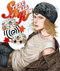 1boy absurdres blonde_hair blue_eyes chibi hat highres jacket johnny_joestar jojo_no_kimyou_na_bouken male_focus mechimun_jojo open_clothes open_jacket shirt sleeveless steel_ball_run white_shirt