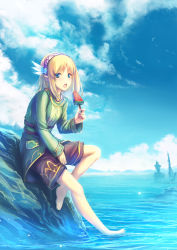 1girl blonde_hair blue_eyes blue_sky breasts cayna elf food hair_ornament highres leadale_no_daichi_nite medium_breasts open_mouth pointy_ears popsicle short_hair shorts sky source_request tagme tenmaso watermelon_bar