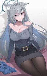 1girl ahoge alternate_costume animal_ear_fluff animal_ears arm_support bare_shoulders black_pantyhose black_skirt blue_archive blue_mask blush breasts feet_out_of_frame grey_hair grey_shirt halo highres large_breasts long_sleeves looking_at_viewer mask unworn_mask off-shoulder_shirt off_shoulder pantyhose pencil_skirt shiroko_(blue_archive) shiroko_terror_(blue_archive) shirt shougun_(chuckni1) sitting skirt solo wolf_ears