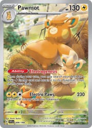 :o animal_focus artist_name card_(medium) character_name closed_eyes closed_mouth company_name copyright_name copyright_notice dot_nose english_text evolutionary_line fence grass hay hay_bale leaf lens_flare lying nintendo no_humans official_art on_back open_mouth outdoors pawmi pawmo pawmot pitchfork pokemon pokemon_(creature) pokemon_card pokemon_focus pokemon_tcg saitou_kouki smile third-party_source trading_card