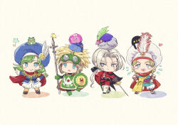 4boys animal animal_on_head aqua_eyes aqua_tunic bird bird_on_head black_bow blonde_hair blue_hat blue_shirt blunt_bangs bow bug butterfly cape capelet chibi commentary_request creature_on_head dragon_quest dragon_quest_ii dragon_quest_v dragon_quest_viii dragon_quest_xi dual_wielding faris_(dq11) frog frog_on_head goggles goggles_on_head green_hair green_tabard grin hair_bow hat hat_feather heart henry_(dq5) holding holding_polearm holding_shield holding_sword holding_weapon in-franchise_crossover insect kukuru_(dq8) longdenkikettle low_ponytail male_focus multiple_boys on_head open_mouth orange_cape pants parted_bangs polearm ponytail prince_of_lorasia prince_of_samantoria princess_of_moonbrook puffy_shorts rapier red_cape red_capelet roto&#039;s_emblem shield shirt shorts slime_(dragon_quest) smile spiked_hair star_(symbol) sword tabard tockle_(dq11) tunic weapon white_hair white_pants white_shorts