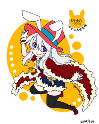 1girl animal_ears black_shirt black_thighhighs blue_shorts closed_mouth coat commentary_request crop_top dated fake_animal_ears full_body fur-trimmed_coat fur-trimmed_shorts fur_trim grey_hair hat jumping long_hair looking_at_viewer nayuruonline one-hour_drawing_challenge open_clothes open_coat orange_background purple_eyes rabbit_ears ragnarok_online red_coat red_hat red_shoes rogue_(ragnarok_online) shirt shoes short_shorts shorts smile solo thighhighs top_hat white_background