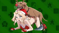 1boy 1girl ahegao animal_ears animated animated_gif ass bestiality blonde_hair breasts christmas_ornaments clothed_sex dog dog_ears doggystyle girls_und_panzer hat highres kay_(girls_und_panzer) long_hair looking_at_viewer open_mouth santa_hat sex sex_from_behind tongue tongue_out