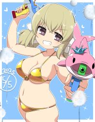 1girl belly bikini blonde_hair breasts choker gold_bikini golden_week_bikini highres holding holding_water_gun kafuru_(senran_kagura) lets0020 looking_at_viewer low_twintails navel oppai_loli purple_eyes senran_kagura swimsuit thick_thighs thighs twintails water_gun
