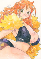 1girl :t absurdres annoyed armpit_peek braid breasts brown_eyes brown_skirt capelet choker cleavage closed_mouth commentary_request cowboy_shot crop_top earrings fur-trimmed_capelet fur_trim highres huge_breasts jewelry long_hair looking_at_viewer midriff nami_(one_piece) nami_(one_piece)_(elbaf) official_alternate_costume official_alternate_hairstyle one_piece orange_hair pearl_earrings pout sidelocks simple_background skirt solo tears thighs traditional_media twitter_username wavy_hair white_background yachiy0 yellow_capelet