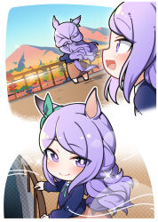 1girl :d alternate_costume alternate_hairstyle animal_ears blue_shirt blush bow brown_skirt chibi chibi_only closed_mouth commentary_request day ear_ribbon green_ribbon highres horse_ears horse_girl horse_tail long_hair long_sleeves looking_at_viewer mejiro_mcqueen_(umamusume) mountain multiple_views open_mouth outdoors purple_eyes purple_hair ribbon shirt skirt smile sparkle standing tail umamusume warashi