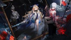 Rule 34 | 1boy, 2girls, armored gloves, bandage over one eye, bandaged arm, bandages, bare shoulders, barefoot, black collar, black dress, black hair, black jacket, black pants, black pantyhose, blonde hair, blue eyes, blue hands, braid, broken glass, collar, collared jacket, colored inner hair, crown of thorns, dress, fleurdelys (wuthering waves), floating crown, flower, flower on chest, from behind, glass, green hair, hair over one eye, hashtag-only commentary, high heels, highres, holding, holding sword, holding weapon, horns, jacket, long hair, long horns, loose bandages, low twin braids, male rover (wuthering waves), mirror, multicolored hair, multiple girls, pants, pantyhose, phrolova (wuthering waves), pointy ears, red dress, rover (wuthering waves), sitting, spider lily, standing, sword, tabard, tacet mark (wuthering waves), twin braids, walking, weapon, white tabard, wuthering waves, yellow horns, yuki miio