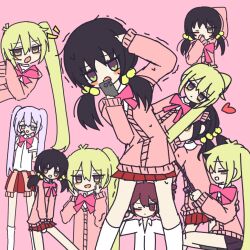 &gt;3&lt; akita_neru antenna_hair bow bowtie cardigan cardigan_around_waist channel_(caststation)_(style) clothes_around_waist dayan7_ariel diagonal-striped_bow diagonal-striped_bowtie diagonal-striped_clothes hatsune_miku kaai_yuki kasane_teto light_switch original pink_background pink_bow pink_bowtie pink_cardigan pink_sweater pinstripe_bowtie red_bow red_bowtie striped_bow striped_bowtie striped_clothes sweater triple_ryuunen vocaloid zako_(phrase) zako_(vocaloid)