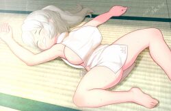 1girl barefoot blush breasts closed_eyes commentary_request dated foot_out_of_frame grey_hair high_ponytail highres japanese_clothes kariginu large_breasts long_hair lying mononobe_no_futo on_back on_floor open_mouth oppai_loli ponytail saliva shirt sideboob sleeping smile solo tatami touhou white_shirt yonaki