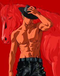 Rule 34 | 1boy, abs, absurdres, animal, belt, belt buckle, black hat, black pants, buckle, closed eyes, closed mouth, collarbone, cowboy hat, cowboy shot, earrings, facing down, gold earrings, green hair, hand on headwear, hat, highres, horse, jewelry, leather, leather pants, mixed-language commentary, one piece, pants, pectorals, prenkuchan, red background, roronoa zoro, scar, scar across eye, scar on chest, scar on face, short hair, solo, toned, toned male, topless male