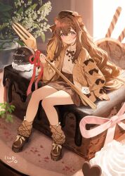 1girl animal_ear_fluff animal_ears blush brown_cardigan brown_hair brown_hat brown_shoes brown_skirt brown_socks cake cardigan cat_ears closed_mouth collared_shirt commentary_request food fork full_body hair_between_eyes hat highres holding holding_fork long_hair long_sleeves looking_at_viewer nyum open_cardigan open_clothes original oversized_object pink_ribbon plaid_clothes plaid_skirt pleated_skirt purple_eyes ribbon shirt shoes signature sitting skirt smile socks solo white_shirt