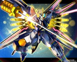 energy_sword check_commentary commentary_request dual_wielding energy_sword english_text gundam gundam_seed gundam_seed_destiny gundam_seed_freedom highres holding holding_sword holding_weapon katana light_particles looking_at_viewer mecha mighty_strike_freedom_gundam no_humans robo_robotarou robot science_fiction solo sparkle spoilers strike_freedom_gundam sword twitter_username v-fin weapon yellow_eyes