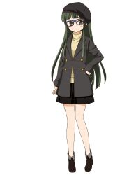 1girl arm_at_side black_coat black_hat black_shorts blue-framed_eyewear brown_shoes closed_mouth coat full_body green_eyes green_hair hand_on_own_hip hat highres kin-iro_mosaic long_hair long_sleeves official_art oomiya_isami shoes shorts sidelocks simple_background smile solo standing sweater tachi-e transparent_background ueda_kazuyuki very_long_hair yellow_sweater