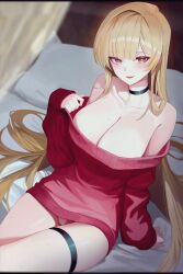 1girl absurdres bare_shoulders bed black_choker blonde_hair breasts bright_pupils choker cleavage collarbone dress hand_up highres large_breasts long_hair long_sleeves looking_at_viewer mole mole_on_shoulder mole_under_eye novelpia off-shoulder_sweater off_shoulder on_bed open_mouth original orn panties panty_peek red_eyes red_sweater sitting smile solo sweat sweater sweater_dress thigh_strap thighs underwear very_long_hair white_panties
