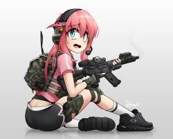 1girl absurdres ar-15 ass backpack bag blue_eyes bocchi_the_rock! butt_crack fingerless_gloves gloves gotoh_hitori gun hair_ornament handgun headset highres holstered jestami long_hair looking_back optical_sight pink_hair rifle shirt shoes shorts sneakers solo sweat sweatdrop t-shirt trigger_discipline weapon