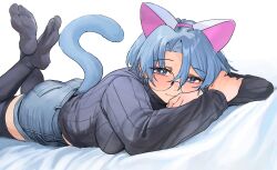 1girl absurdres animal_ears aochoku ass bed_sheet black-framed_eyewear black_sweater black_thighhighs blue_eyes blue_hair blue_shorts blush breasts closed_mouth commentary earrings fake_animal_ears fake_tail glasses hair_between_eyes highres jewelry large_breasts leona_(aochoku) long_sleeves looking_at_viewer lying on_stomach original ribbed_sweater short_hair shorts simple_background soles solo stud_earrings sweater symbol-only_commentary tabi tail the_pose thighhighs turtleneck turtleneck_sweater white_background