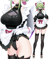 1girl 95_(jiuwujiang) absurdres animal_ears apron black_mask black_thighhighs breasts cleavage cleavage_cutout clothes_lift clothing_cutout collarbone contrapposto earrings fake_animal_ears fishnet_top fishnets flashing genshin_impact gloves green_hair head_out_of_frame highleg highleg_leotard highres jacket jewelry kuki_shinobu large_breasts leotard leotard_under_clothes light_smile long_sleeves looking_at_viewer maid maid_headdress mask mouth_mask ninja ninja_mask panties ponytail projected_inset public_indecency purple_eyes purple_jacket purple_rope ribbed_leotard rope sandals shimenawa sidelocks simple_background skirt skirt_lift slit_pupils smile solo tassel tassel_earrings thighhighs tsurime turtleneck underwear waist_apron white_background white_gloves