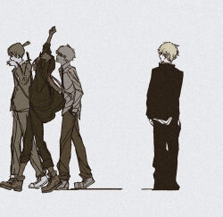 1girl 2boys arm_up black_necktie black_pants chainsaw_man commentary_request denji_(chainsaw_man) formal_clothes hands_in_pockets hayakawa_aki highres jacket mitsubachi_(roundbee) multiple_boys necktie pants ponytail power_(chainsaw_man) short_hair short_ponytail simple_background spoilers suit white_background