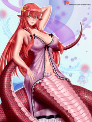 Rule 34 | 1girl, :d, arm behind head, arm up, babydoll, belt, blue background, breasts, brown belt, cleavage, commentary, covered erect nipples, english commentary, fang, glint, hair between eyes, hair ornament, hairclip, highres, jacket, lamia, large breasts, long hair, looking at viewer, maebari, miia (monster musume), monster girl, monster musume no iru nichijou, navel, open mouth, paid reward available, pashapencil, patreon username, pointy ears, purple babydoll, red hair, scales, sidelocks, skirt, sleeves rolled up, slit pupils, smile, solo, tail, yellow eyes