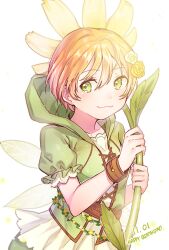 Rule 34 | 1girl, :3, bracelet, brown bracelet, closed mouth, commentary, cross-laced clothes, fairy wings, flower, frills, green eyes, green jacket, hair between eyes, hair flower, hair ornament, happy birthday, holding, holding flower, hood, hooded jacket, hoshizora rin, jacket, jewelry, light blush, looking to the side, love live!, love live! school idol festival, love live! school idol project, official alternate costume, orange hair, puffy short sleeves, puffy sleeves, short-sleeved jacket, short hair, short sleeves, simple background, smile, solo, tiny (tini3030), upper body, white background, wings, yellow flower