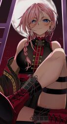 1girl absurdres black_dress blue_eyes blush braid braided_ponytail breasts dress earrings full_moon highres hololive jewelry large_breasts long_hair looking_at_viewer moon na_nu_017 night night_sky pink_hair sky sleeveless sleeveless_dress smile solo takane_lui takane_lui_(5th_costume) tassel thigh_strap virtual_youtuber