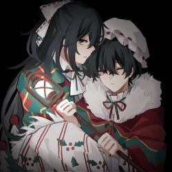 2boys black_hair christmas_nightmare_(e.g.o) collared_shirt dim_lighting double-parted_bangs e.g.o_(project_moon) frills fur_collar hair_between_eyes hat highres holding holding_lantern holding_staff hong_lu_(project_moon) huddle lantern leg_up limbus_company looking_at_viewer mob_cap multiple_boys neck_ribbon one_eye_closed plaid_clothes project_moon ribbon shirt sidelocks staff upper_body wuzinan19 yi_sang_(project_moon)