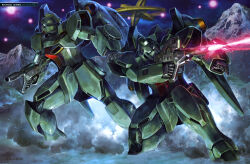 absurdres artist_request asteroid battle beam_rifle dust_cloud earth_federation energy_beam energy_gun explosion firing gun_blastor gundam gundam_perfect_file highres kneeling machinery mecha mecha_focus mobile_suit no_humans official_art realistic robot science_fiction space spacecraft victory_gundam weapon zanscare