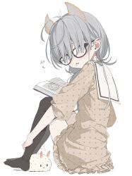 1girl ahoge bags_under_eyes black-framed_eyewear black_thighhighs book brown_dress commentary_request dress extra_ears flying_sweatdrops freckles full_body glasses grey_eyes grey_hair hair_behind_ear highres holding holding_book long_hair looking_at_viewer low_twintails no_shoes open_book open_mouth original polka_dot polka_dot_dress sea_slug sea_slug_ears sea_slug_girl sitting solo thighhighs three-quarter_sleeves twintails white_background yoru_uyo