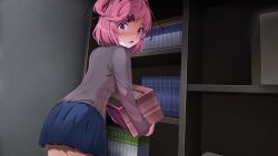1girl :o blazer blue_skirt blush book bookshelf box closet commentary cowboy_shot doki_doki_literature_club doki_doki_literature_club_school_uniform dot_nose dutch_angle embarrassed english_commentary eyebrows_hidden_by_hair fang fingernails flustered from_behind furrowed_brow game_cg grey_jacket hair_ornament hair_ribbon highres holding holding_book holding_box jacket leaning_forward long_eyelashes long_fingernails long_sleeves looking_back miniskirt natsuki_(doki_doki_literature_club) non-web_source nose_blush official_art open_mouth parted_bangs pink_eyes pink_hair pleated_skirt raised_inner_eyebrows red_ribbon ribbon satchely school_uniform short_hair sidelocks skin_fang skirt small_sweatdrop solo surprised thick_eyelashes two_side_up wide-eyed x_hair_ornament