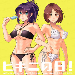 Rule 34 | 2girls, abs, alternate hair color, bikini, bikini day, black bikini, blue eyes, breasts, brown hair, cleavage, food, frilled bikini, frills, hand on own hip, highres, leona heidern, locked arms, midriff, multiple girls, muscular, muscular female, navel, o-ring, o-ring top, open mouth, ponytail, popsicle, purple hair, sakura mafumi, short hair, string bikini, swimsuit, the king of fighters, twitter username, whip (kof), white bikini
