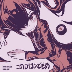 1girl backbeako_(torotei) backbeard blazer blush closed_mouth commentary dated dated_commentary dutch_angle gegege_no_kitarou hair_over_one_eye hair_ribbon hands_up jacket kono_lolicon_domome long_hair looking_at_viewer monochrome necktie original paid_reward_available pink_background pink_theme plaid_clothes plaid_skirt pointy_ears ribbon simple_background skirt solo torotei translated twintails upper_body v-shaped_eyebrows watermark web_address